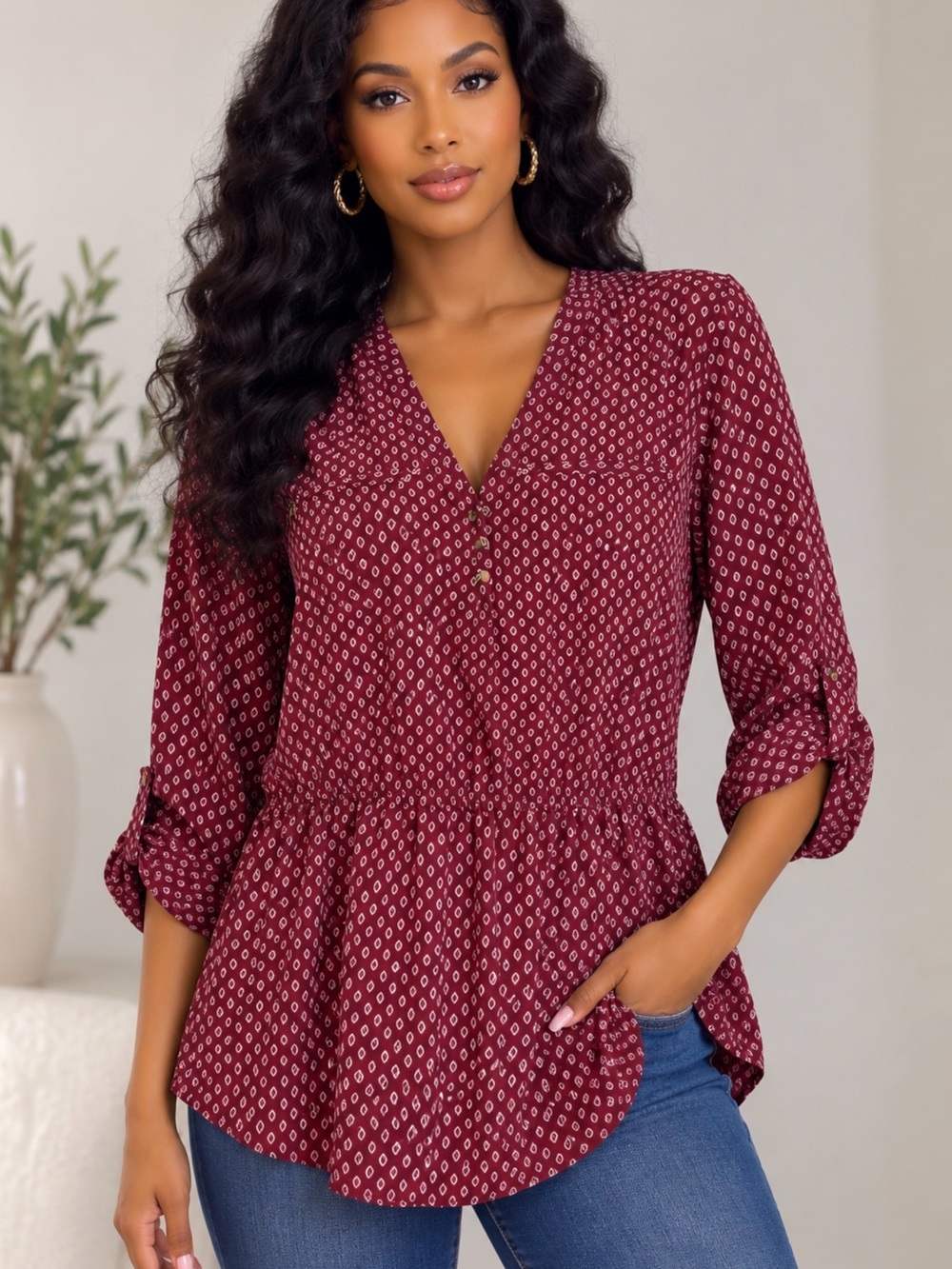 Buckle Black Wine Red Geometric V-Neck Peplum Blouse